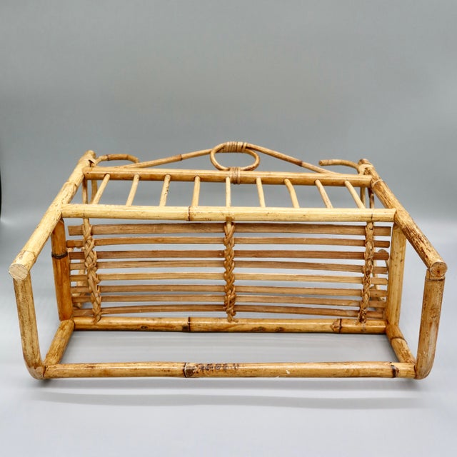1960s Vintage Boho Bamboo & Rattan Wall Shelf With Towel Bar — Scroll Arm Design For Sale - Image 5 of 7