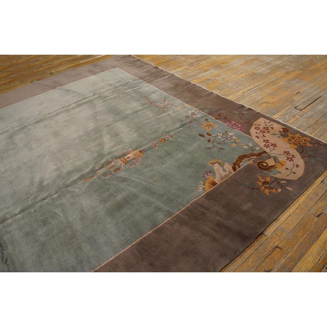1920s Aqua Floral Modern Antique Chinese Art Rug 9' 0'' X 11' 4'' Handknotted Wool Carpet For Sale In New York - Image 6 of 9