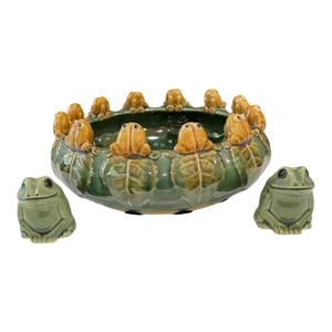 1940s Vintage Frog Majolica Bowl, Salt and Pepper Set- 3 Pieces