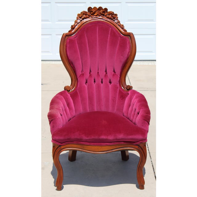 Vintage Victorian Revival Mahogany His & Hers Parlor Chairs Red Velvet Pair For Sale - Image 4 of 18