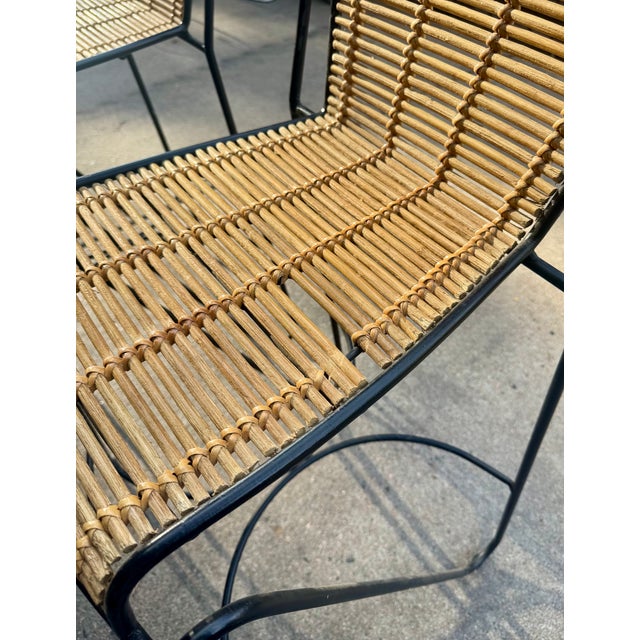 Pipsan Saarinen-Swanson Mid-Century Modern Wrought Iron & Woven Rattan Bar Stools — A Pair For Sale - Image 4 of 4