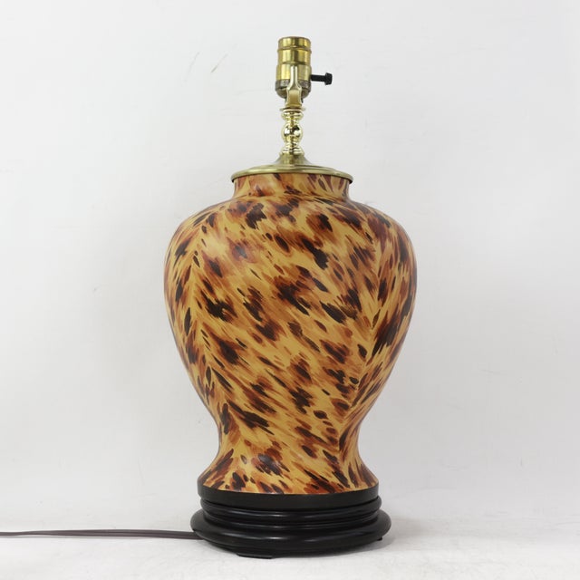 Pair of Vintage Hand Painted Yellow and Brown Tortoiseshell Pattern Porcelain Table Lamps With Wood Bases For Sale - Image 4 of 13