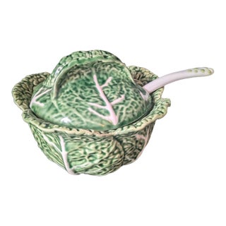 Vintage Bordallo Pinheiro Majolica Cabbage Leaf Large Tureen With Ladle For Sale
