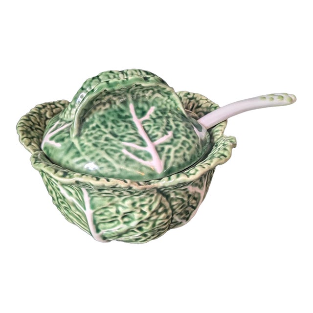 Vintage Bordallo Pinheiro Majolica Cabbage Leaf Large Tureen With Ladle For Sale