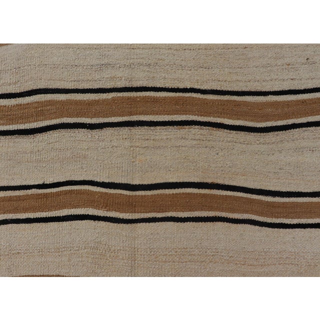 Mid 20th Century Vintage Turkish Kilim Rug With Ivory, Brown and Deep Charcoal Stripes For Sale - Image 5 of 11