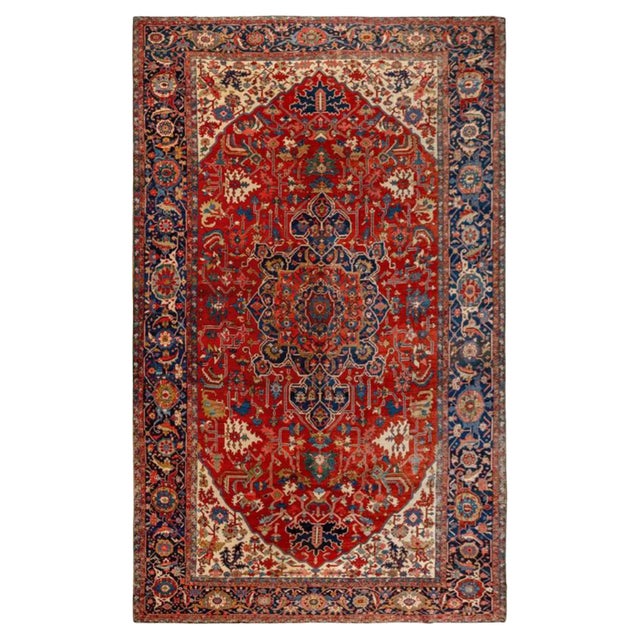 Antique Persian Serapi Carpet Handmade Wool Oriental Rug, Red, Ivory, Light Blue For Sale - Image 12 of 18