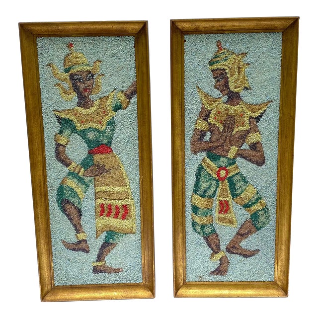Pair of Framed Colorful Thai Dancing Figures For Sale