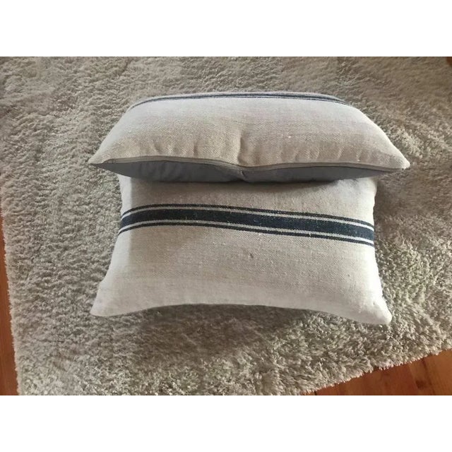 Mid-Century Hungarian Grain Sack & Linen Pillows with Navy Stripe, Set of 2 For Sale - Image 6 of 7