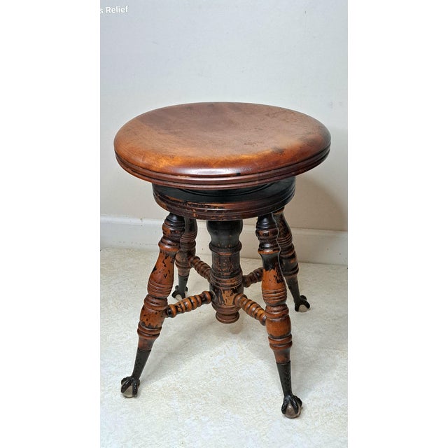 Late 19th Century Late Victorian Adjustable Piano Stool With Glass Ball & Claw Feet, Circa 1880-1900 For Sale - Image 5 of 15