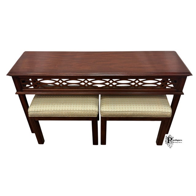 American Vintage Henkel Harris Virginia Galleries Collection Chippendale Style Mahogany Console Table & Pair of Upholstered Stools For Sale - Image 3 of 12
