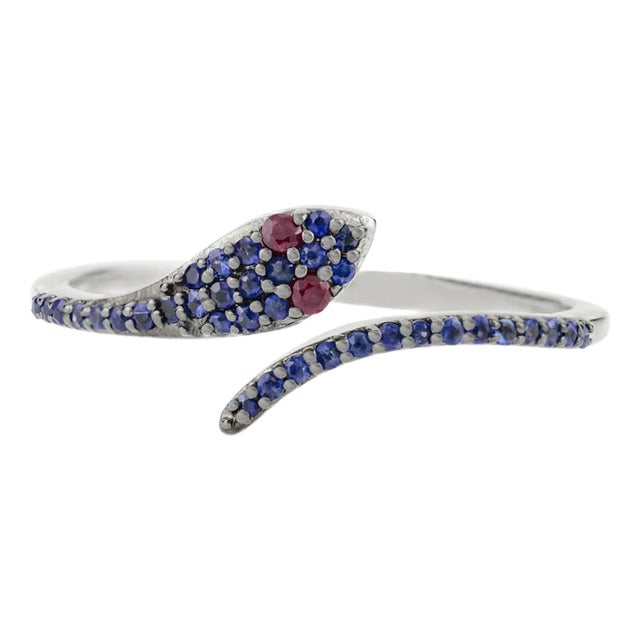 Dainty Ruby and Blue Sapphire Art Deco Snake Ring in 18k Gold Size 5.5 For Sale