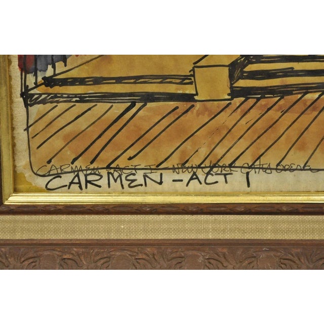 Brown Vintage "Carmen Act I" New York City Opera Watercolor Framed Painting, Signed For Sale - Image 8 of 12