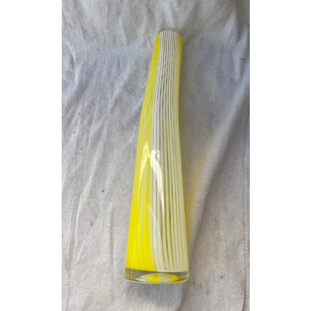 Glass Vintage 1950s Mid-Century Modern Yellow and White Swirl/Stripe Murano Art Glass Vase For Sale - Image 7 of 9