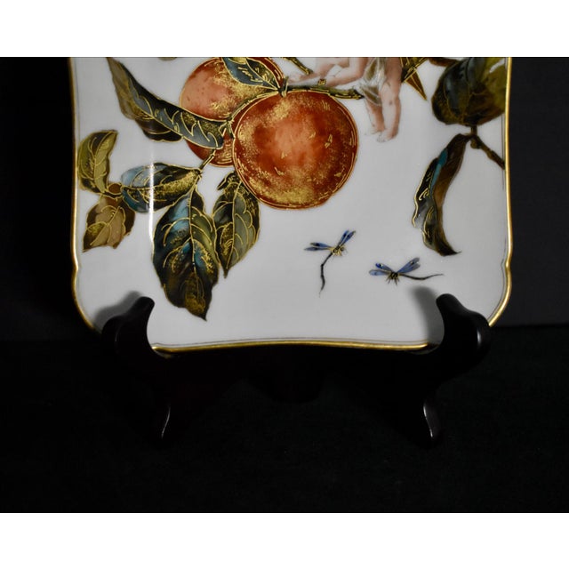 French Antique Limoges France GDM Porcelain Square Dish Plate Putto Cherub Peach Fruit For Sale - Image 3 of 13