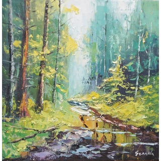 Original Oil Landscape, a Stream in the Pine Forest For Sale