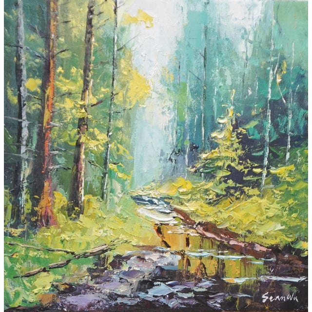 Original Oil Landscape, a Stream in the Pine Forest For Sale