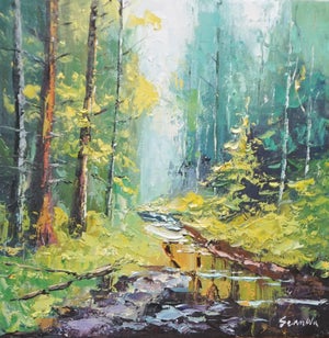 Original Oil Landscape, a Stream in the Pine Forest