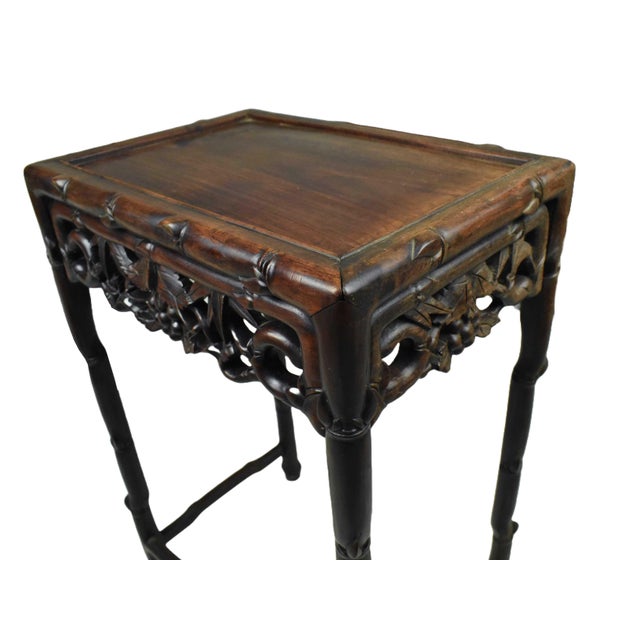 Wood Early 20th Century Floral Bamboo Design Carved Rosewood Side Table - Plant Stand For Sale - Image 7 of 16