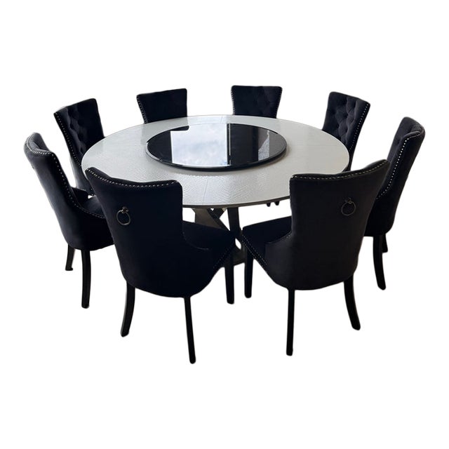 71” Round Vig Dining Table With Lazy Susan Plus 8 Black Velvet Chairs For Sale