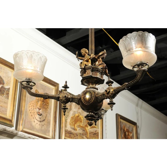 Metal 19th Century French Three-Light Bronze and Baccarat Style Chandelier With Cherubs For Sale - Image 7 of 13