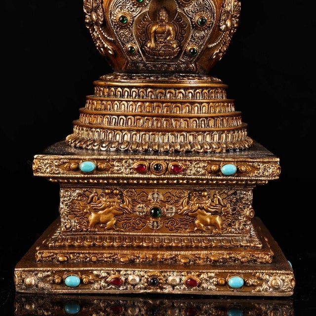 Late 19th Century Gilt Bronze Tibetan Stupa With Gemstone Inlays, 1.9kg For Sale In Los Angeles - Image 6 of 9