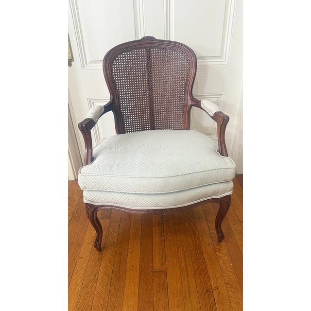 French 1990s Louis XV Style Carved Walnut Bergère Armchair With Cane Back, Boston Design Center For Sale - Image 3 of 17