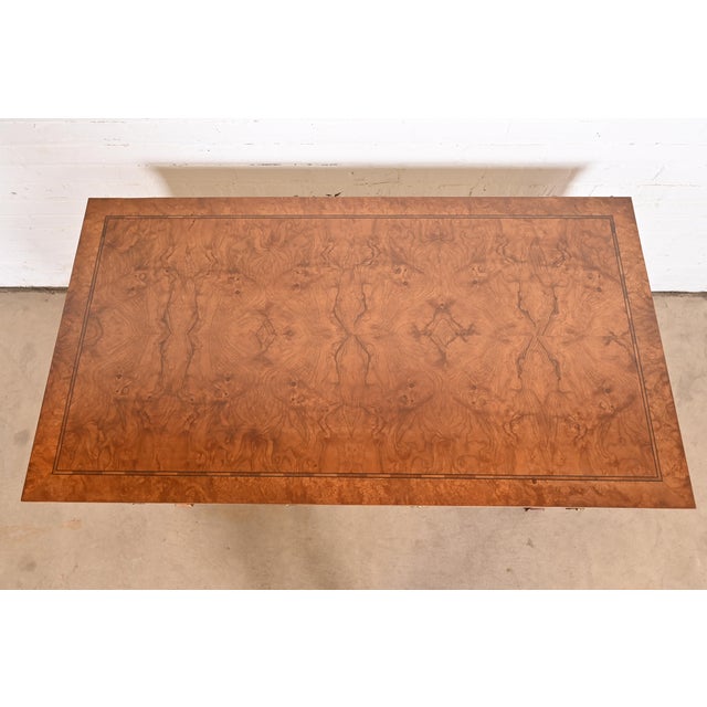 Brown Baker Furniture Regency Burl Wood Writing Desk or Library Table, Newly Refinished For Sale - Image 8 of 12