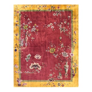 1920s Red Classic Flora Antique Chinese Art Deco Carpet Rug by Nichols Workshop For Sale