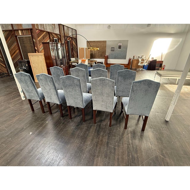 Bespoke Blue Velvet + Oak Wood Dining Chairs, Set of Twelve For Sale - Image 9 of 12