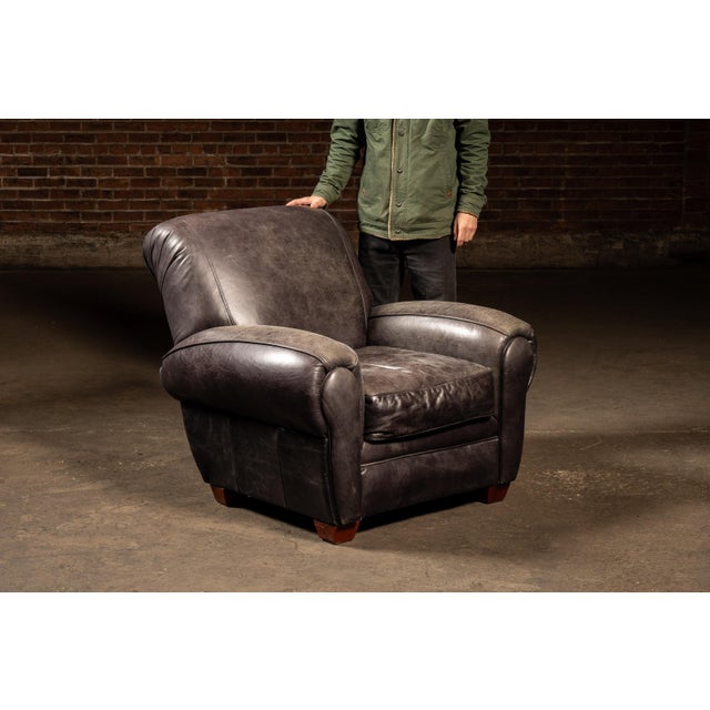 2000s; Klaussner Furniture Industries - Asheboro, NC Substantial lounge armchair upholstered in black leather, built with...