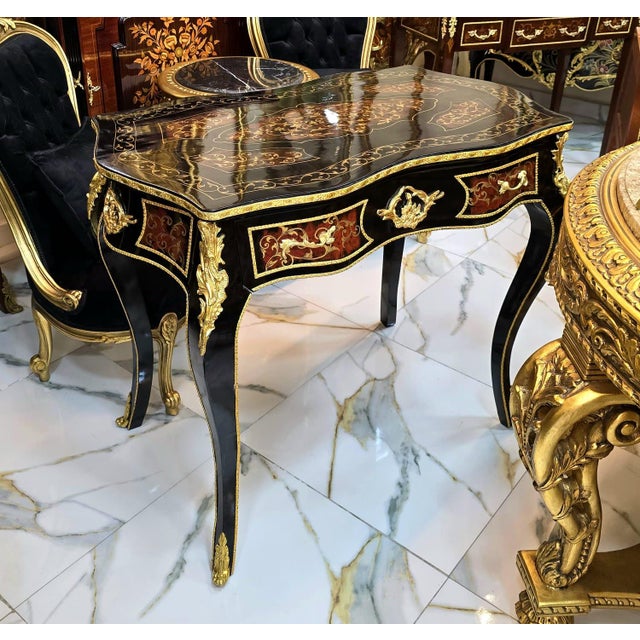 French Writing Desk With Center Drawer, Hand-Inlaid Marquetry & Gold Leaf Details For Sale - Image 4 of 4
