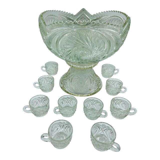 Vintage L. E. Smith "Aztec" Pattern Punch Server Set With Pedestal & 10 Cups For Sale