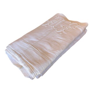Antique French Oat Linen Sheet Monogrammed Rustic Luxe Hemp Linen Style Trousseau Bedding For Sale