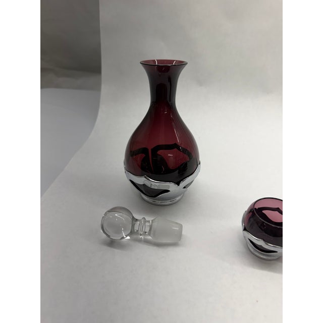 1960s Vintage Mid-Century Cranberry Glass Decanter & 4 Cordial Glasses Set With Silver Overlay For Sale - Image 5 of 11
