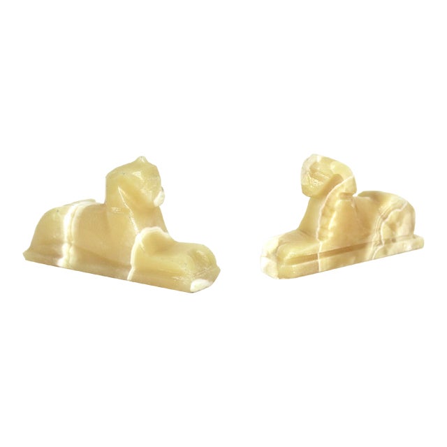 Pair of Vintage Carved Alabaster Sphinx Shelf or Coffee Table Styling Onyx Bookends For Sale