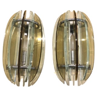 Mid-Century Italian Modern Glass & Metal Wall Sconces from Veca, Set of 2 For Sale