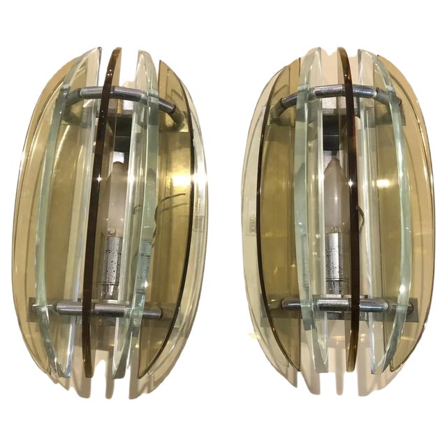 Mid-Century Italian Modern Glass & Metal Wall Sconces from Veca, Set of 2 For Sale