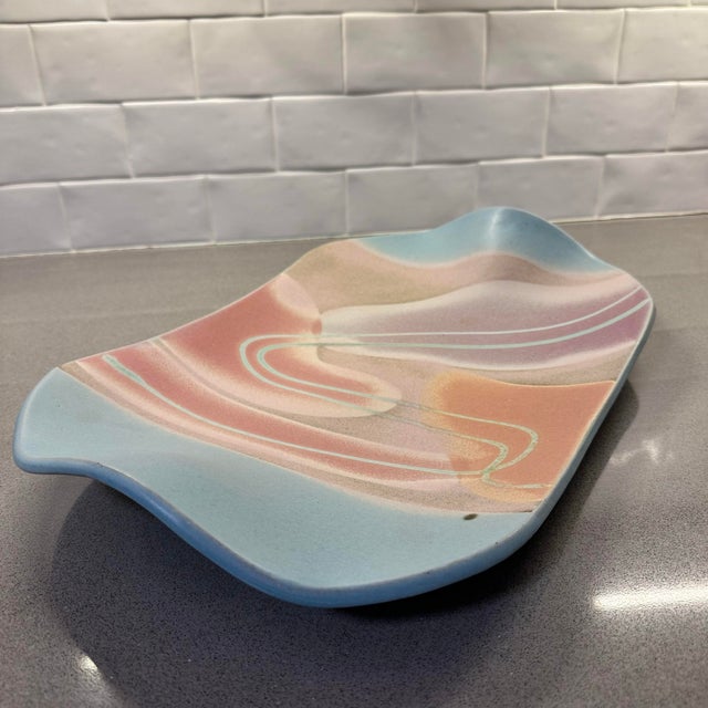 Impressive postmodern abstract expressionist design handmade studio pottery decorative plate. Matte texture finish. Blue...