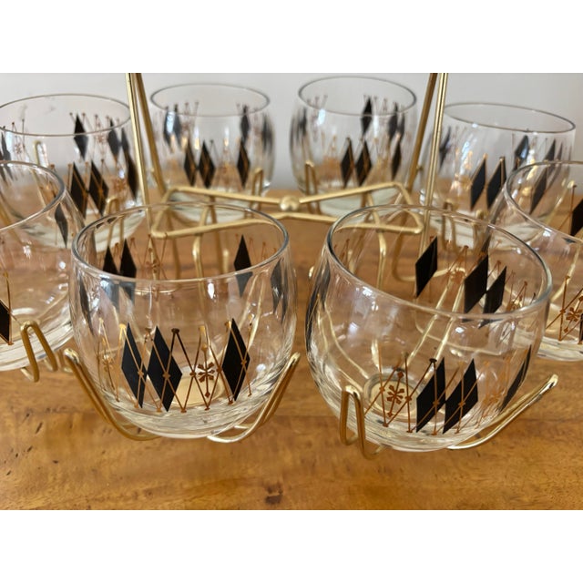 Wood Mid-Century Modern Federal Harlequin Diamond Roly Poly Glasses & Handled Caddie Set- 9 Pieces For Sale - Image 7 of 8