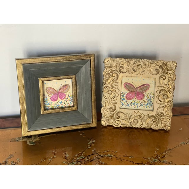 Abstract 1970s Small Pink Lady Butterfly Original Paintings - Set of 2 For Sale - Image 3 of 5