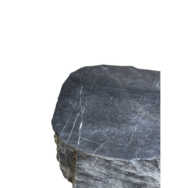 Natural Solid Marble Side Table Chiselled Finish, Smooth Top, Modern Organic For Sale - Image 4 of 7