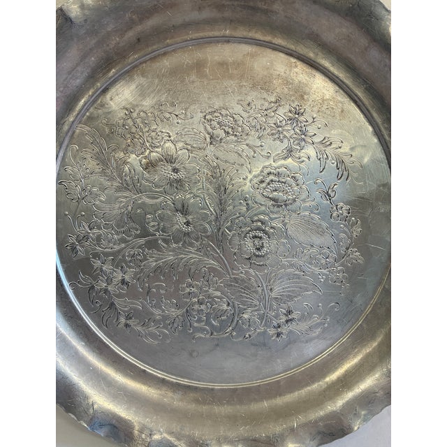 Elegant vintage Federal Silver Co. hand-wrought aluminum tray with an intricate engraved floral and scrolling botanical...