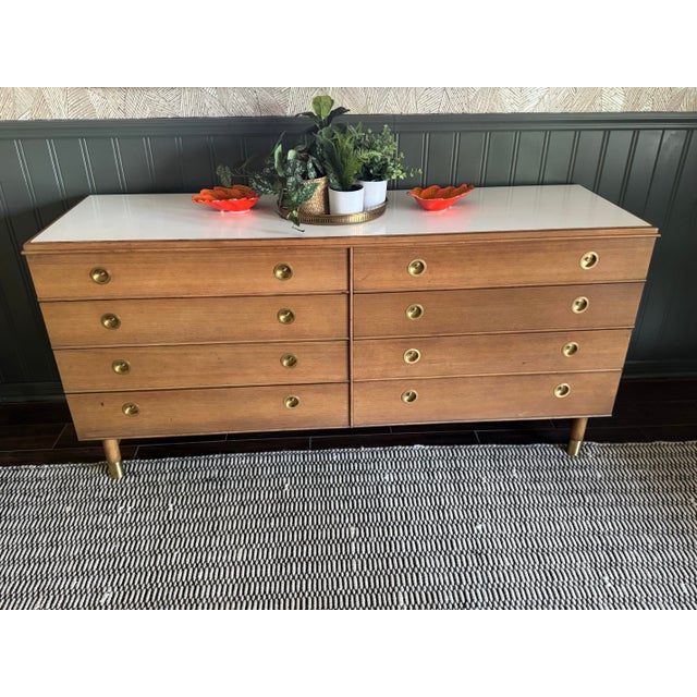 Tan 1950s Renzo Rutili for Johnson Furniture Bleached Mahogany 9-Drawer Dresser With Original Laminate Top For Sale - Image 8 of 9