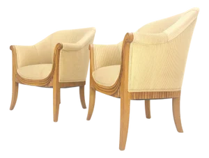 c.1940s Pair Leon Jallot Atr. Carved Scallop Edge Bergere Arm Lounge Chairs MINT