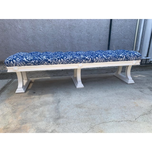 Here we have a vintage Regency upholstered wood bench. This bench was commissioned by the Original MCM Grand Hotel Las...