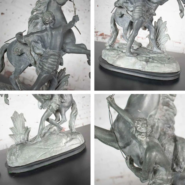 Antique Detailed Spelter Marly Rearing Horse & Groom Sculptures After Guillaume Coustou - a Pair For Sale - Image 10 of 13