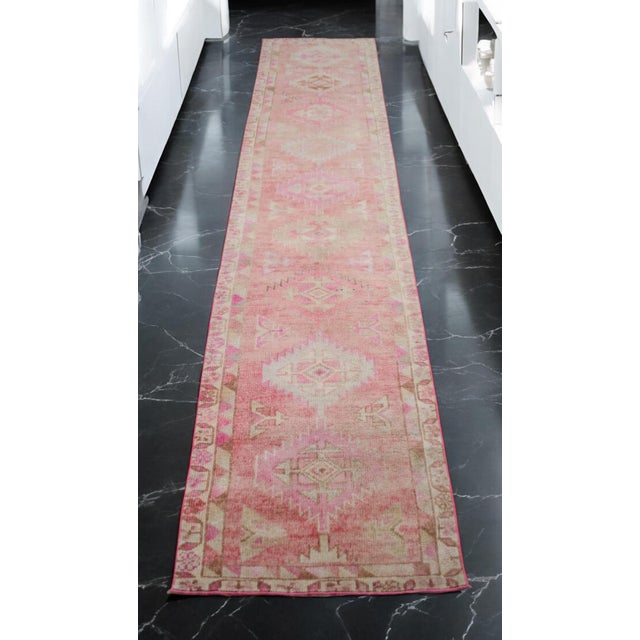 1970s Vintage Turkish Hand-Knotted Runner Rug Pink Hallway Kitchen Decor - 2′6″ × 11′5″ For Sale - Image 5 of 12