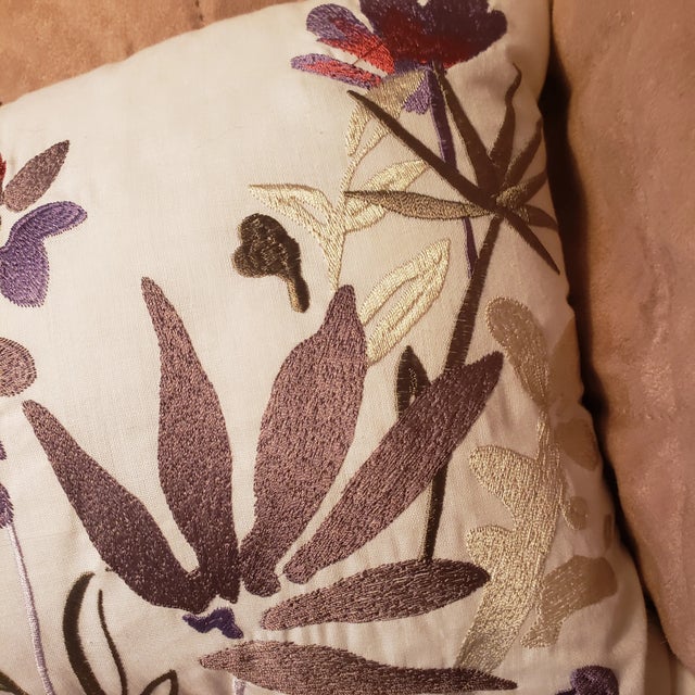 Late 20th Century Embroidered Floral Rectangular Pillow Off White Rust Lavender Gray For Sale - Image 4 of 6