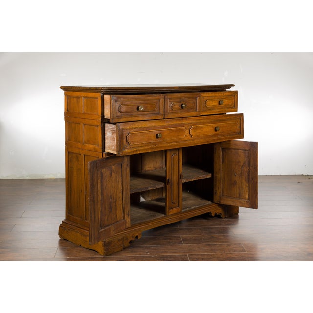 Brown Italian 18th Century Walnut Credenza with Four Drawers, Two Doors, Bracket Feet For Sale - Image 8 of 12