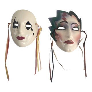 Vintage 1980s Ceramic Wall Face Clay Art Masks - Set of 2 For Sale